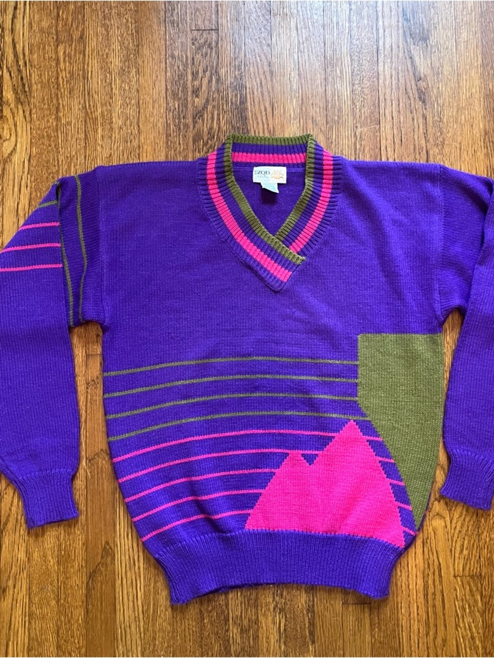 Vtg 80s 90s Izod Club S New Wave sweater geometric purple v-neck rad